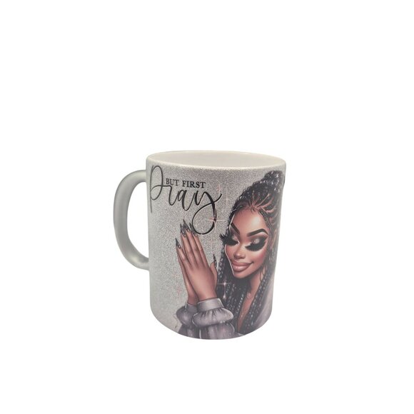 Handmade 12 oz Coffee Mug – “But First Pray” Glitter Silver Cup | Inspirational - Picture 1 of 7